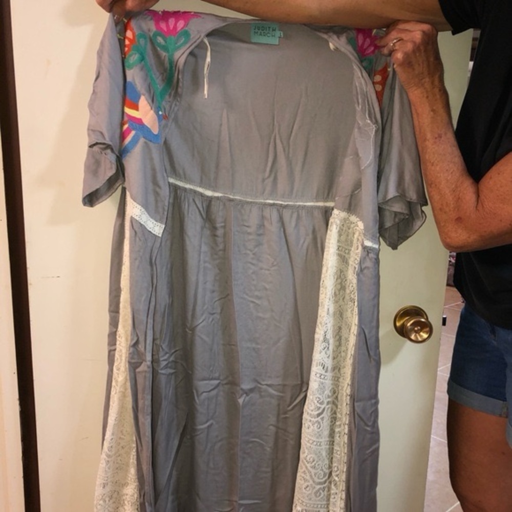 Judith March Bird Embroidered Lace Trim Maxi Duster Kimono L Grey Boho Festival - Picture 8 of 9